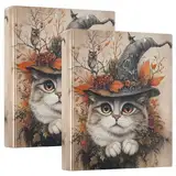 Mystische Katze, Hexenhut, Herbst, 3 Ringe, 3,8 cm, Ordner für 200 Blatt, Malerei, 3 Ringmappen, runder Ringordner, 31,5 x 27 x 6 cm, 1 Packung