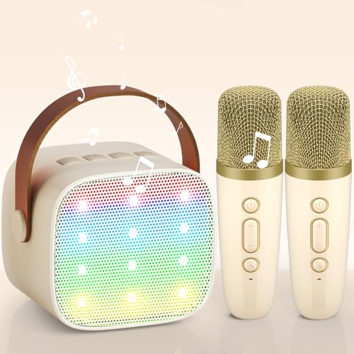 Karaoke Maschine mit 2 Drahtlosen Mikrofonen, Wowstar Tragbares Bluetooth Karaoke Maschine für Kinder Erwachsene mit Stimme wechselnde Effekte & LED-Lichter Jungen Mädchen Geschenke Heimparty(Beige)