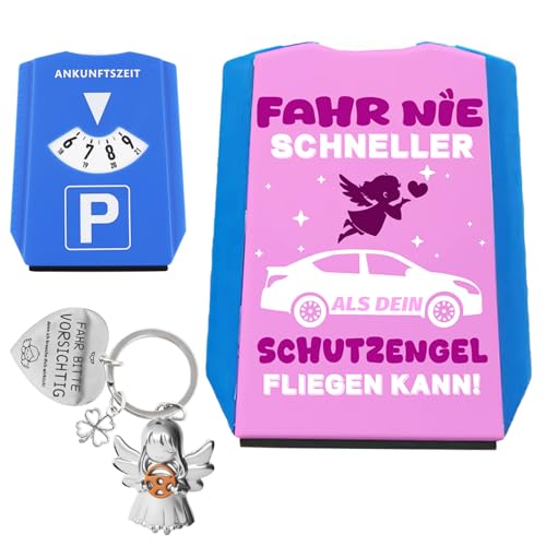 Parkscheibe mit Fahr Nie Schneller Als Dein Schutzengel Fliegen Kann,Schutzengel Schlüsselanhänger mit Lenkrad,Auto Führerschein Geschenke,Autofahrer Geschenk Glücksbringer,Fahr Vorsichtig