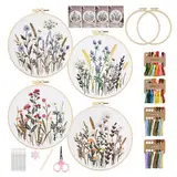 Jellybibo Anfänger Stickerei Set Stickerei Set, Stickset für Anfänger mit 4 Stück Stickrahmen Farbfäden Werkzeuge für DIY Kunst Handwerk Nähen