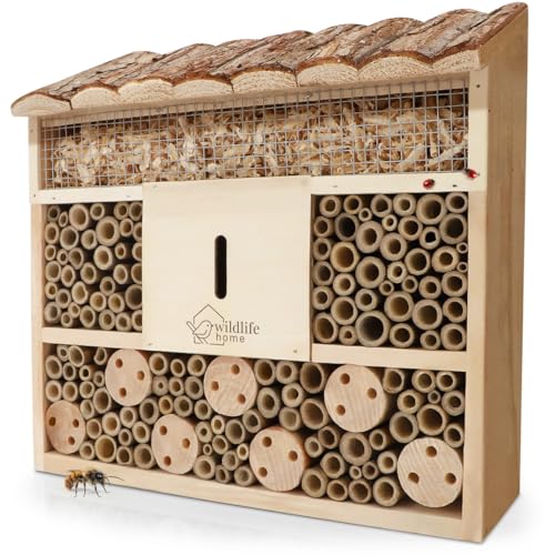 WILDLIFE HOME Bienenhotel Insektenhotel mit Rindendach I Unbehandelt, Bienenhaus aus Massiv-Holz für Bienen, Marienkäfer & Florfliegen, Insektenhaus I Nisthilfe Insektenhotel zum Aufhängen