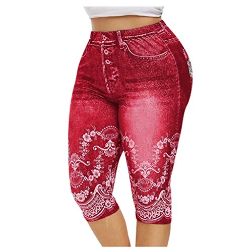 Sommer Damen Hohe Taille Jeans Kurz Stretch Leggings Bedruck Beiläufige High Waist Jeanshose Strumpfhose Kurze Skinny Jeanshosen Outdoor Elastisch Elegant Und Bequem Slim Kurzgröße (Red, XL)