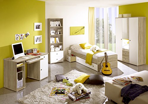 Jugendzimmer Wiki- Kinderzimmer Komplett Set in Eiche Sonoma und Weiß, mit Schwebetürenschrank oder Drehtürenschrank - Verschiedene Set Variante (4 teilig mit Drehtürenkleiderschrank)