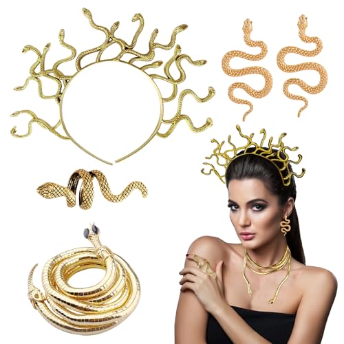 SANLIUSANJIU Griechische Göttin Schlange Kopfbedeckung Set, Damen Schlange Ohrhänger, Schlange Haarreif Schlangen Halskette Schlangenring, für Karneval Halloween Cosplay Kostüme Accessoires