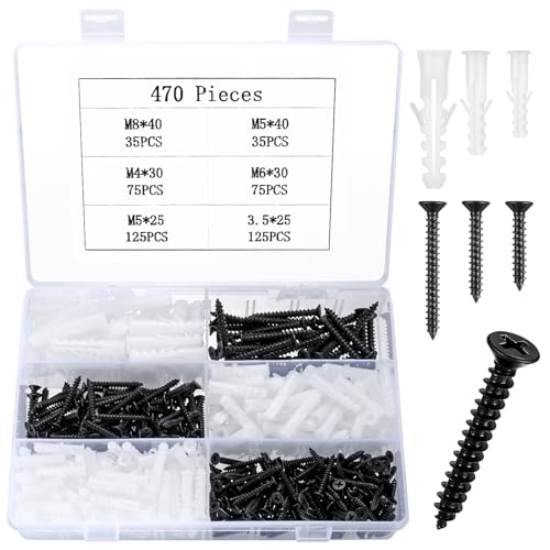 470 STK M4 M5 M6 M8 Schrauben Set, Dübel Set mit Schrauben, Selbstschneidende Schrauben Dübel Set, Gipskartondübel Schrauben Set, Kreuzkopf Flachkopfschraube Senkkopfschrauben Holzschrauben