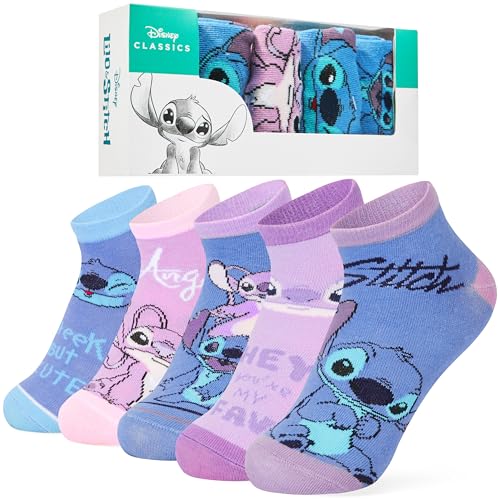 Disney Socken Mädchen, Ankle Socks im 5er-Pack, Weich & Atmungsaktiv - Stitch Sachen (Rosa/Blau Stitch, 35-39 EU)