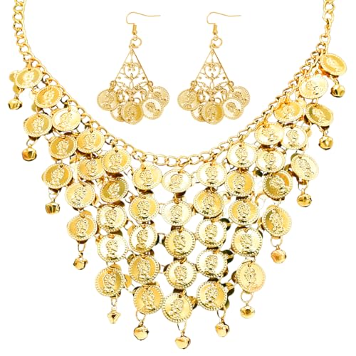 MorLuks Bauchtanz Accessoires Damen, Gold Ohrringe und Kette mit Goldmünzen, Schmuck Wahrsagerin Accessoires, Pirat Kostüm Damen Accessoires, Bauchtanz Kostüm Schmuck für Carnival, Mottoparty