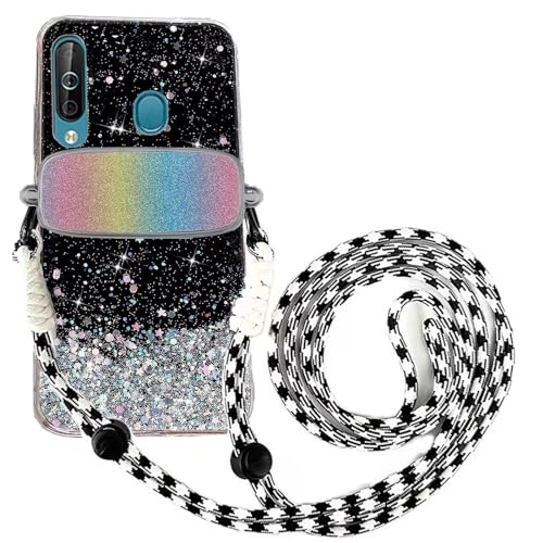 Tivenfezk Nadoli für Huawei P30 Lite Glitzer Handykette Hülle,Silikon Bling Durchsichtig Crossbody Tasche zum Umhängen Schutzhülle mit Telefon Clip Halter Band