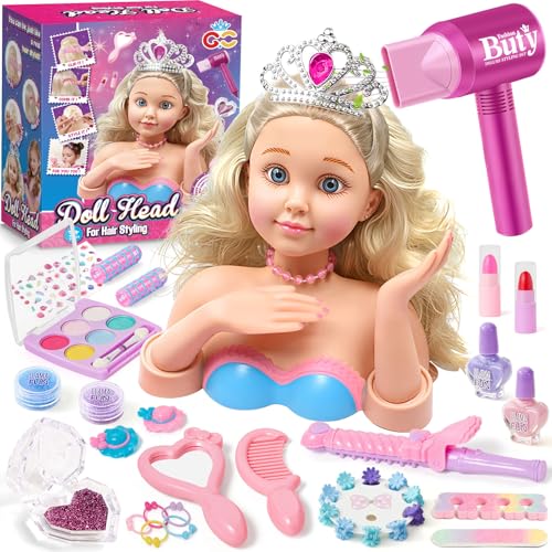 G.C Schminkpuppe Frisierkopf für Kinder Mädchen Spielzeug mit Schminkkopf Haartrockner Nagellack Kinderschminke Friseur Zubehör, Puppenkopf zum Frisieren und Schminken Geschenk Mädchen 3 4 5 6 Jahre