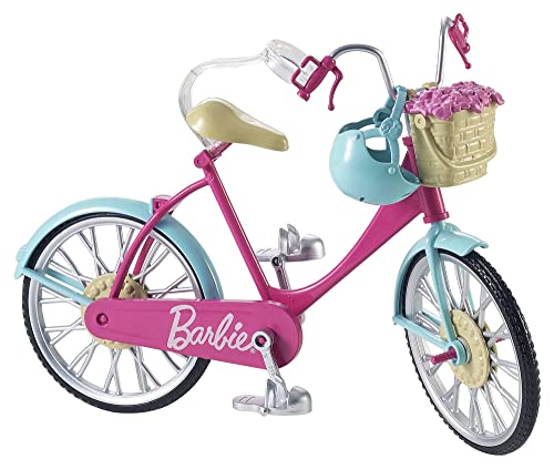 Barbie-Fahrrad, Fahrrad mit Blumenkorb, bewegliche Räder, rosa Fahrrad Puppe, Puppe, Geschenk für Kinder, Spielzeug ab 3 Jahre,DVX55