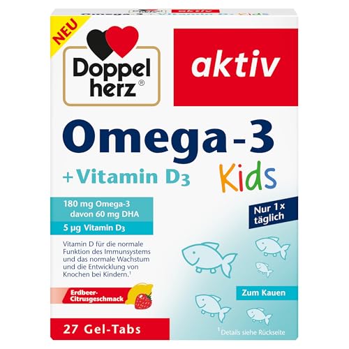 Doppelherz Omega-3 + D3 Kids - Vitamin D wird für ein gesundes Wachstum & eine gesunde Entwicklung der Knochen bei Kindern benötigt - 27 Gel-Tabs