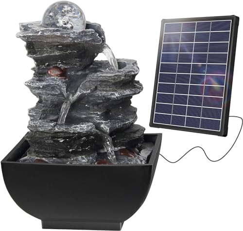 Biling Solar Gartenbrunnen Brunnen Solarbrunnen für Garten Brunnen, 5,5 W 3000mAh Akku Solarbetriebener 3-stufiger Fels Wasserfall Brunnen, Rotierende Kugelfelsen Freistehende Kaskadenbrunnen