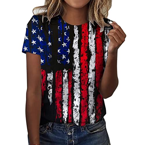 CGGMVCG Niedliche Oberteile für Frauen Damen Casual Amerika Flagge Druck O Ausschnitt Kurzarm Bluse Tops T-Shirt T-Shirt für Frauen, Z02 Blau, M