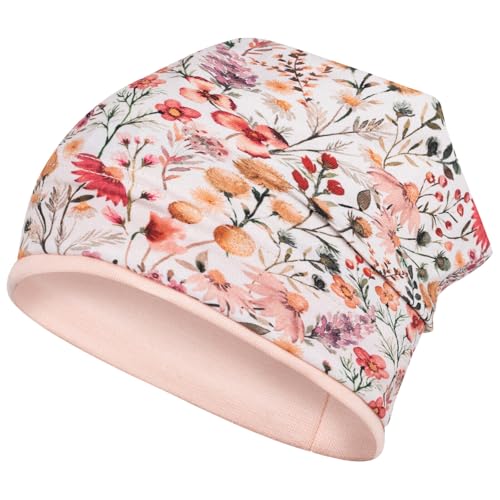 Smarilla Mädchen Mütze Übergangsmütze Beanie Blumen Frühling Herbst Baumwolle, Bekleidungsgröße: 50-52, Farbe: Creme-Aprikot