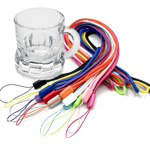 12x Schnapsglas zum Umhängen aus Glas mit Henkel, am Band, Party JGA, viele Farben (12, BUNTE)