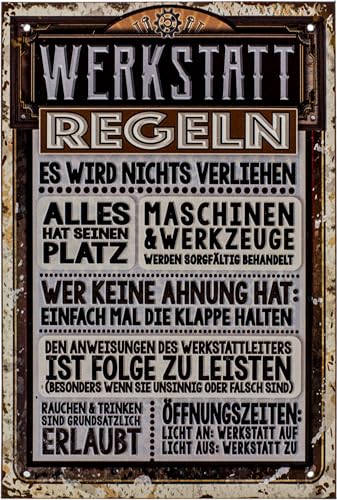 Wetterfestes Alu-Dibond Werkstatt Schild - WERKSTATT Regeln und Gesetze - Lustiger Spruch, Garagen und Schrauber Deko - 30 x 20 cm