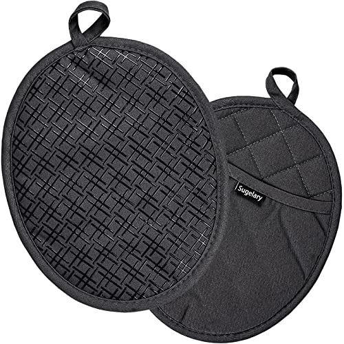 Sugelary Topflappen mit Tasche 2er Set, Hitzebeständig bis 235°C Baumwolle Hot Pads mit，Ofenhandschuh mit Design mit Doppelter Öffnung, Hitzebeständige Küchenhelfer zum Kochen und Backen (Black)