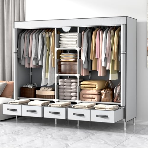 Anmas Power Kleiderschrank,Stoffschrank,Stoffschrank mit Schubladen,185 x 45 x 175 cm Grayish (Grey-White)