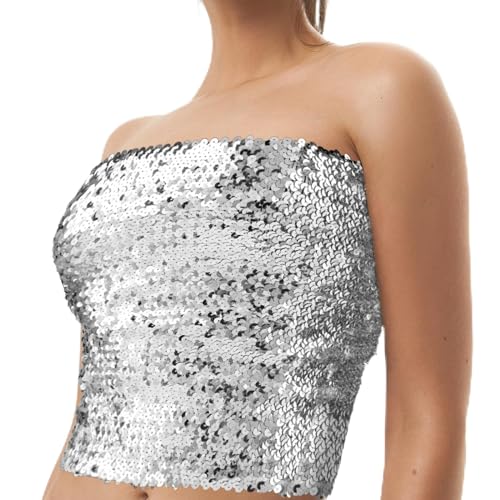 Lusofie Pailletten Rock Glitzer Bandeau Top mit Metallic Stretch Bauchtanz Hüfttuch Silber Bandeau Shorts Trägerloses Damen Pailletten Top Party Club Outfits Bauchtanz Kostüm Damen