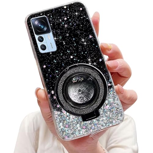 Tivenfezk Nadoli Sparkle Treibsand Ständer Hülle für Xiaomi 12T/12T Pro,Versteckt Ständer Ring Klar Glitzer Stern Handyhülle Durchsichtig Bling Schutzhülle Case Cover,Schwarz