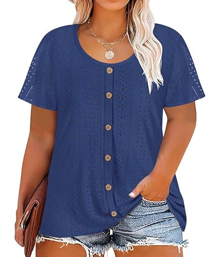 TIYOMI Oberteile in Übergröße für Damen, Rundhalsausschnitt, quadratischer Ausschnitt, Sommer, lässig, kurzärmelig, Tunika-Blusen, XL-5XL, A5-Blau, 4X-Large