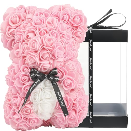 UYKJKWRT Rose Bär, Rosenbär Geschenk für Frauen, Muttertagsgeschenke, Rosenblumenbär mit Geschenkbox, Romantisch Rosen Teddybär Geschenk für Sie, Muttertag, Valentinstag, Rose Flower Bär (10in, Pink)