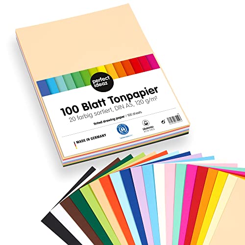 perfect ideaz • 100 Blatt Ton-Papier DIN-A5, 20 Farben, 120 g/m², MADE IN GERMANY