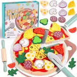 GAGAKU Kinderküche Zubehör Pizza Set Holz - 27 Teiliges Spielküche Pizza Spielzeug für Kinder 3-8 Pizza Set Holz Kinderküche Zubehör Pädagogisches Rollenspiel Lernspielzeug Geschenk