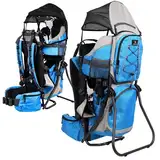 Dromader Kraxe Kindertrage bis 22kg – Kindertrage Wandern mit Sonnendach, Regenschutz, Thermotasche, Wickelmatte – Einhändig klappbare Rahmen – Blau