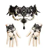 Jurxy Gotisch Choker Halskette Armbänder Schmuck 3 PCS Halsband Ketten Victorian Steampunk Retro Zahnräder Spitze Vampir Armband für Halloween Ostern Lolita Spitze Schwarz – Stil 2