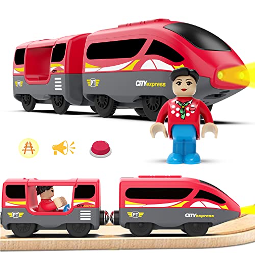 LiRiQi Batteriebetriebener Lokomotivzug (Magnetanschluss) - Motor-Hochgeschwindigkeitszug, lok Holzeisenbahn Zug, Kinder Lokomotive kompatibe mit Brio, Thomas, Chuggington - Spielzeugauto, Rot