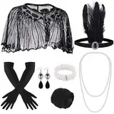 ELECLAND 10-teiliges 1920er Flapper Gatsby Accessoires-Set Fashion Roaring 20's Theme Set mit Stirnband, Kopfbedeckung, langen schwarzen Handschuhen, Halskette, Ohrringen für Frauen (Black)