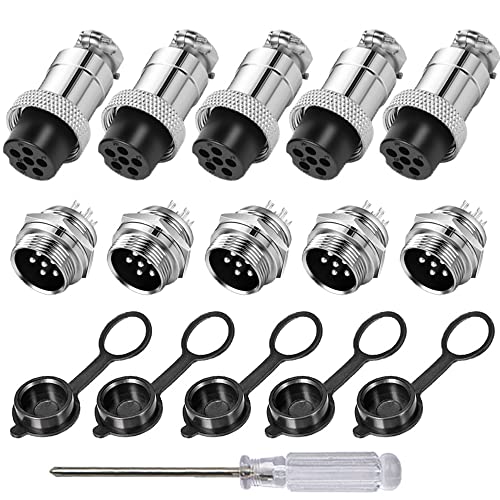 Aiqeer 5 Stück 6-Polig GX16 Aviation Stecker, 16 mm Gewinde Metall Luftfahrt Kabelverbinder, 5A Männlich Weiblich Luftfahrt Stecker Steckdose Kit, mit Gummikappe
