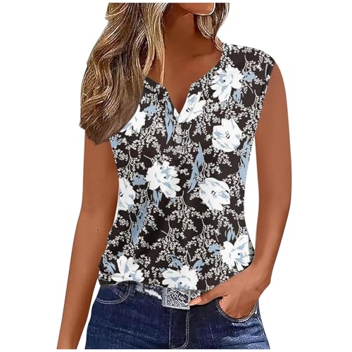 Sommermode Print Tasten Damen Tank Tops V-Ausschnitt Ärmellos Tanktops Frauen Elegant Oberteile Freizeit Vest Tops Lose Einfarbig Tunika Shirts Oberteil Sommer Slim Fit Oberteile Casual