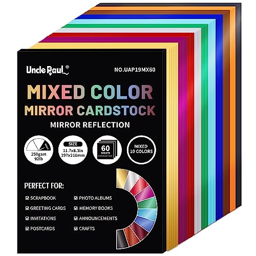 A4 Mixed Color Mirror Cardstock Paper, 60 Blatt 10 Colors 250gsm/92Ib Metallic Reflektierendes Papier für Handwerk DIY Projekte Kartenherstellung UAP19MX60