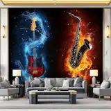 Fototapete Wandbilder Fantasie-Musikinstrumente Flammen 400 x 280 cm 3D Effekt Wandbild Wandtapete Wohnzimmer Mural Schlafzimmer Kinderzimmer Vliestapete Wand Dekoration Orange Rot