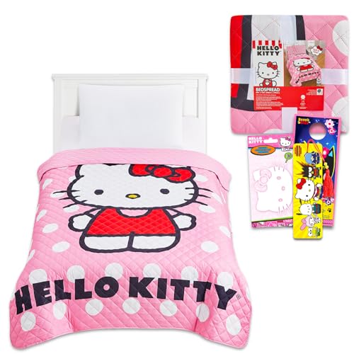 Hello Kitty Bedspread Twin Set for Kids - Bundle with Hello Kitty Quilted Bedspread for Twin Bed Plus Stickers, More | Hello Kitty Twin Bedding Set for Girls