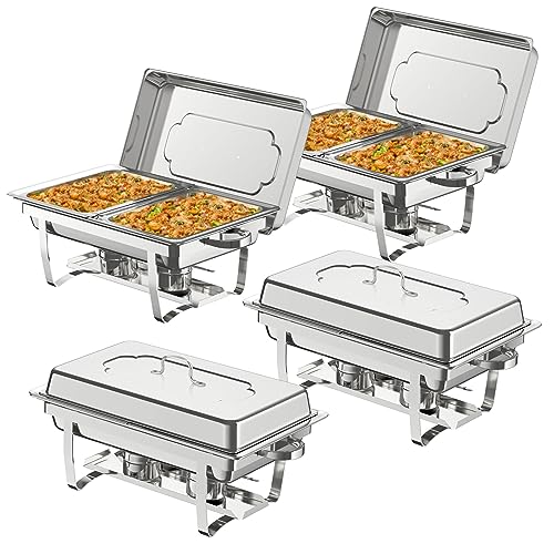 NArra 4er Pack Chafing Dish Buffet Set, 9L Rechteckige Catering Server aus Edelstahl mit Speisebehältern halber Größe, Speisenwärmer mit faltbarem Rahmen für Partys, Hochzeiten, Abendessen, Buffet