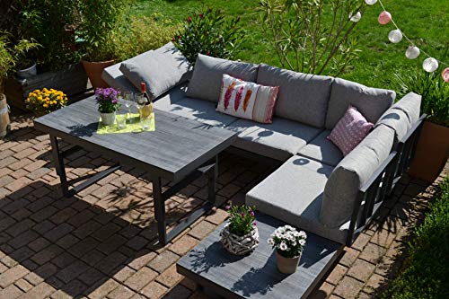 bomey Ecklounge Santorini mit HPL Terrassentisch (hell/Mittelgrau) I Gartenmöbel-Set bestehend aus elegantem Gartensofa & höhenverstellbarem Alu-Tisch I Moderne Gartengarnitur I Loungemöbel Garten