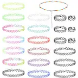 JIEYAO 23 Stück Choker Halskette Set, Stretch Tattoo Kette Elastische Halsband 17x Choker Gothic 3x Armbänder Schwarz 3x Ringe Bunte Neon Choker Kette 90er Jahre Accessoires für Mädchen Damen Kinder