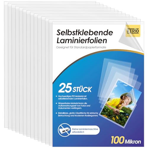 KTRIO Laminierfolien A4, Selbstklebende Laminierfolie, Kaltlaminierfolie, Laminieren ohne Gerät, 25 Stück Transparent Kaltlaminierfolie für Bastelarbeiten, Fotos, Speisekarten usw, 220 mm x 310 mm