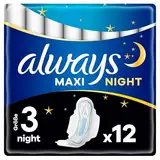Always Maxi Binden Damen Gr. 3, Night (12 Damenbinden mit Flügeln) weich und super saugfähig, geruchsneutralisierend und Auslaufschutz