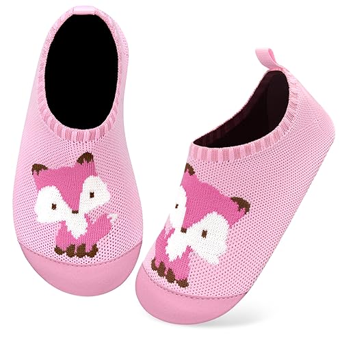 Kyopp Hausschuhe Kinder Junge Mädchen Pantoffeln Atmungsaktive Rutschfest Weich Barfussschuhe für Lauflernschuhe Kleinkinder Schuhe Kindergarten Unisex (Fuchs Rosa 26/27EU)