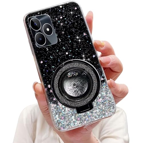 Tivenfezk Nadoli Sparkle Treibsand Ständer Hülle für Oppo Realme C53,Versteckt Ständer Ring Klar Glitzer Stern Handyhülle Durchsichtig Bling Schutzhülle Case Cover,Schwarz