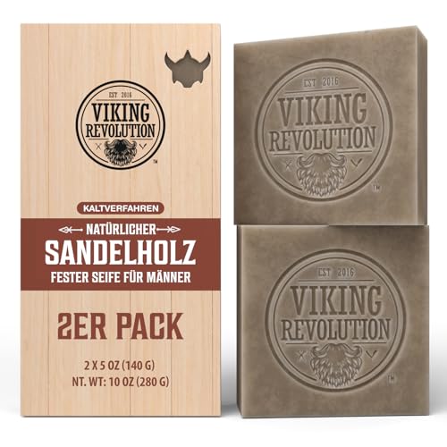 Viking Revolution - Duschseife Männer - Sandelholzseife - Festes Duschgel Männer mit ätherischen Ölen, Kaltgepresst - Seife Männer mit Kokosöl, Sheabutter, Mandelöl - 2 x 140 g