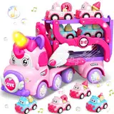 Pourbibi Auto Spielzeug ab 2 Jahre Mädchen, Autotransporter LKW Spielzeug mit Licht und Musik, Kinderspielzeug ab 1 2 3 4 5 Jahre - Geburtstag Weihnachten Einhorn Geschenke für Mädchen