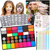 RDDAIPE Kinderschminke Set, 42 Farben Kinderschminken Set, Gesichtsfarben Kinderschminken mit 40 Schablonen, 11 Pinsel, 2 Strasssteine, Kinder Schminken Set für Halloween Karneval Fasching