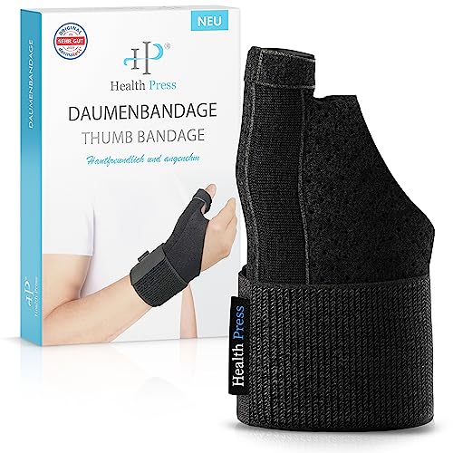 Health Press® Daumenbandage – Atmungsaktive Daumenschiene – Daumenschutz Universell Rechts/Links – Daumen Bandage für Daumensattelgelenk – Daumenstütze – Medizinisch zertifizierte Daumenorthese