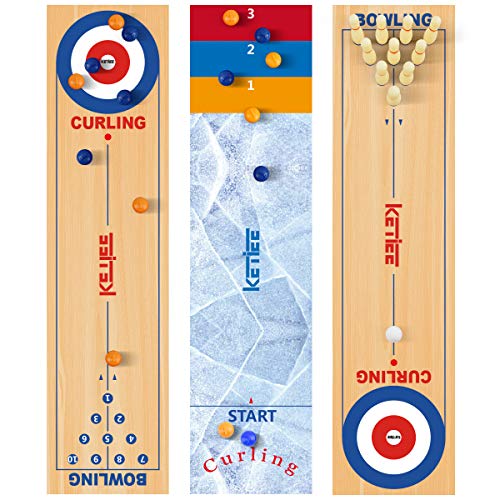 KETIEE 3 in 1 Tisch Curling Spiel,120x30cm Curling and Shuffleboard Table-Top Game,Bowling Shuffleboard Tischset,Curling-Spiel Tabletop Tischspiel für die ganze Familie Outdoor Spiele Erwachsene