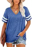 Damen-T-Shirts Tunika-Oberteile T-Shirt mit Raglan-V-Ausschnitt Farbblock-T-Shirt mit kurzen Ärmeln Lässige, lockere Trainingsblusen (L,Hellblau)